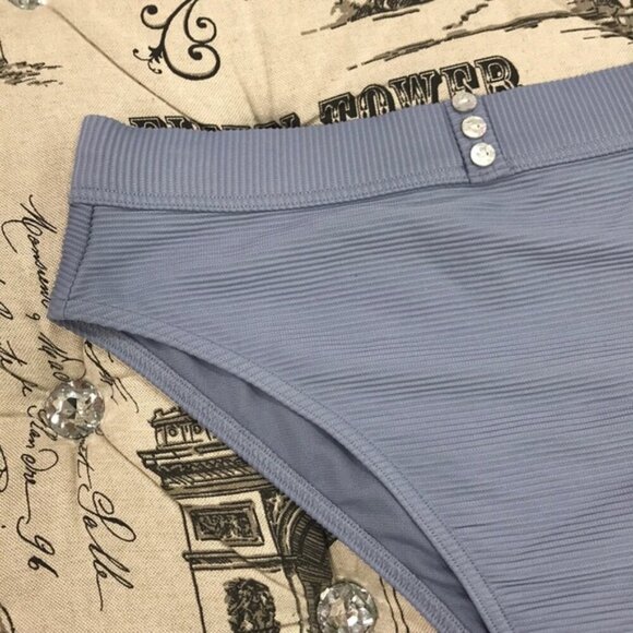 TOPSHOP Blue Ribbed Button High Waist Bikini Bottom - Picture 6 of 6